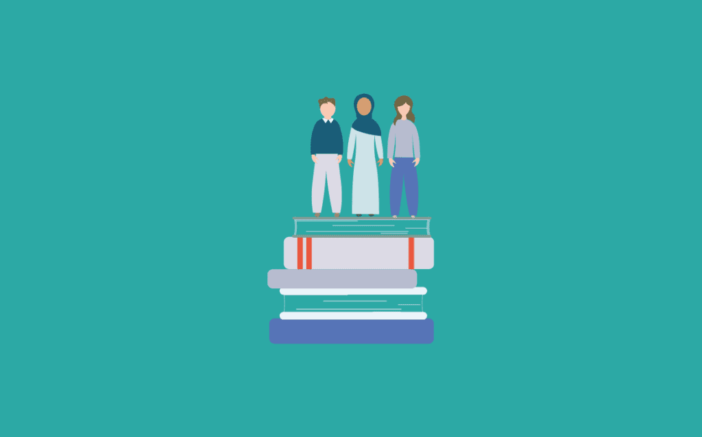 Illustration of people standing on large books